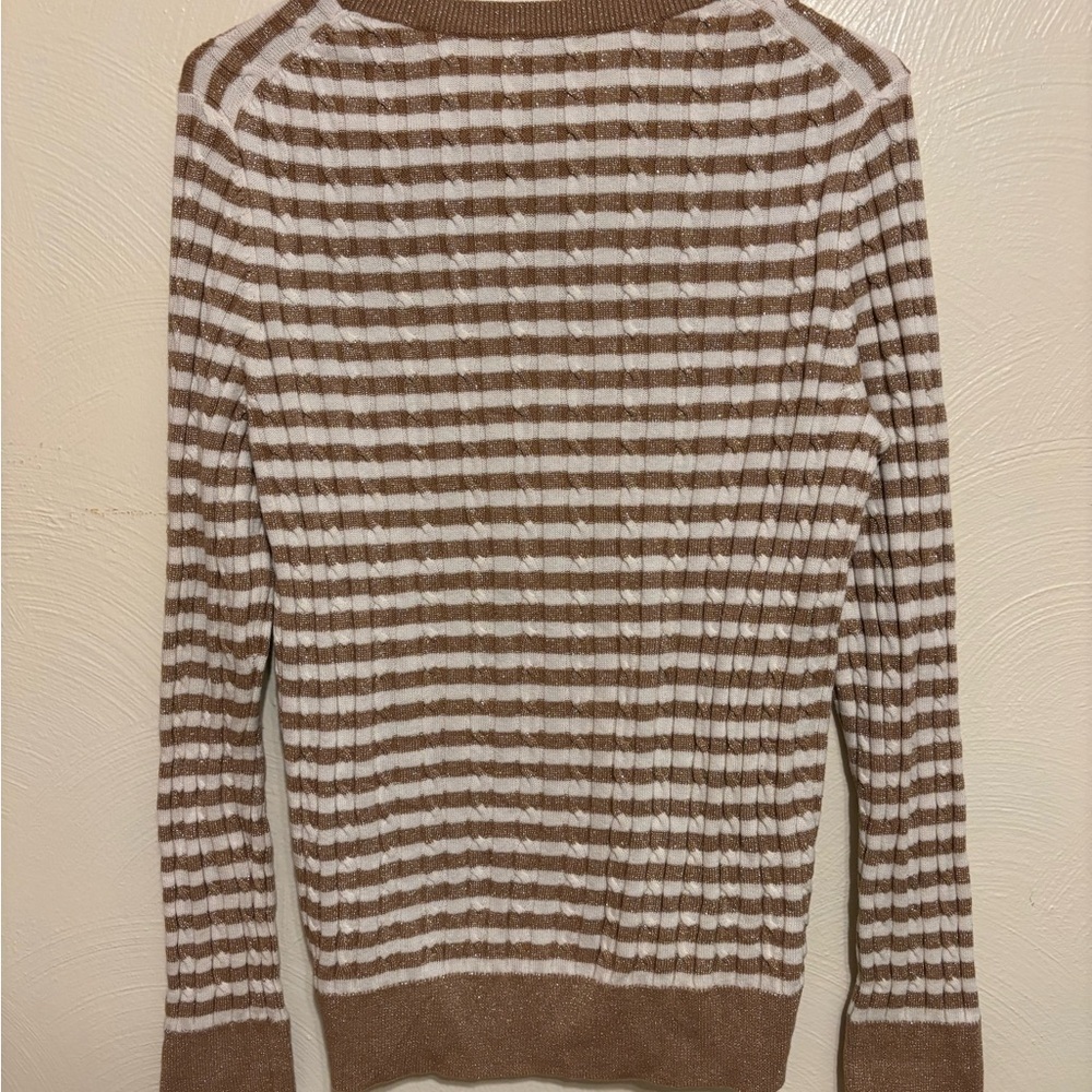 Talbots Pullover Sweater Gold Metallic Sparkle Shimmer Striped Knit Top Size PM - Picture 8 of 8